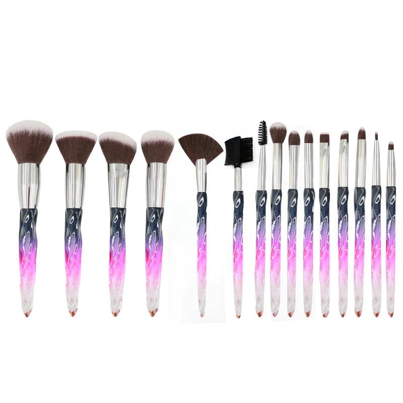 MHLAN best selling 15pcs makeup brush style with crystal handle silver ferrule micro synthetic hair