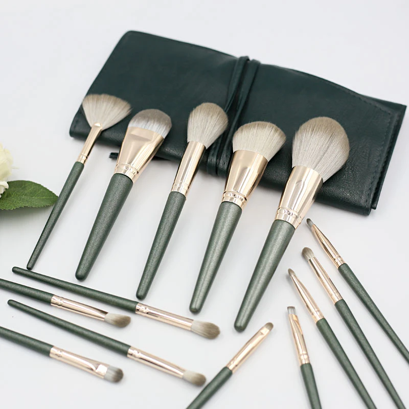 Olive Green High Quality Wood Handle 14 pieces Makeup Brush Set