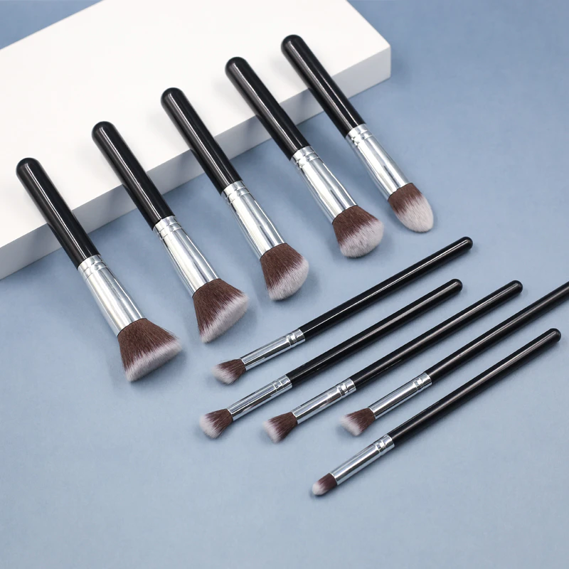 10 pcs black plastic handle makeup brush set with brown and white tip
